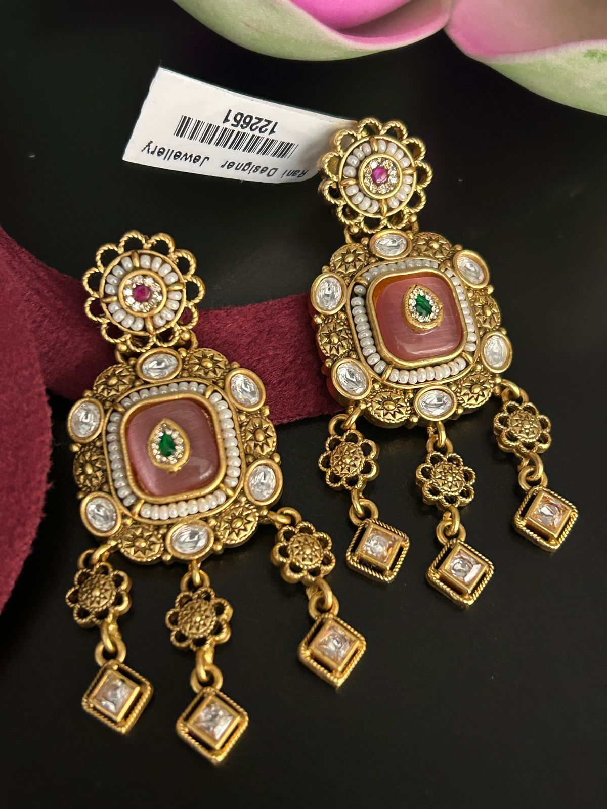 Antique Pink and Green Stone Earrings with Floral Detailing